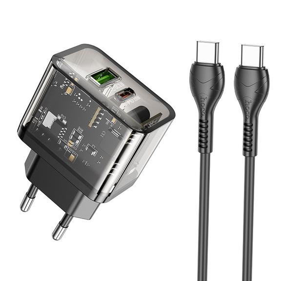 Ładowarka sieciowa do telefonu Hoco USB A + USB C QC3.0 PD 3A 20W + kabel USB C do USB C N34 transparentna