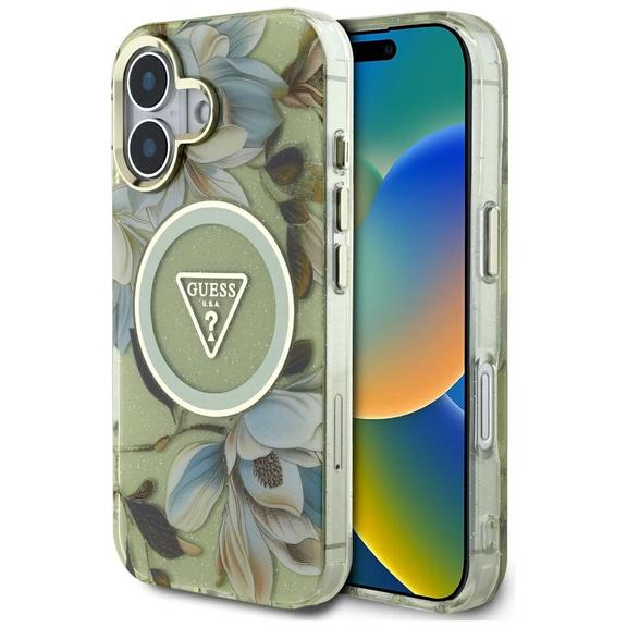 GUESS futerał do IPHONE 16 kompatybyliny z MagSafe GUHMP16SHFLPEDN (IML Metal Glitter Flowers Triangle) zielony