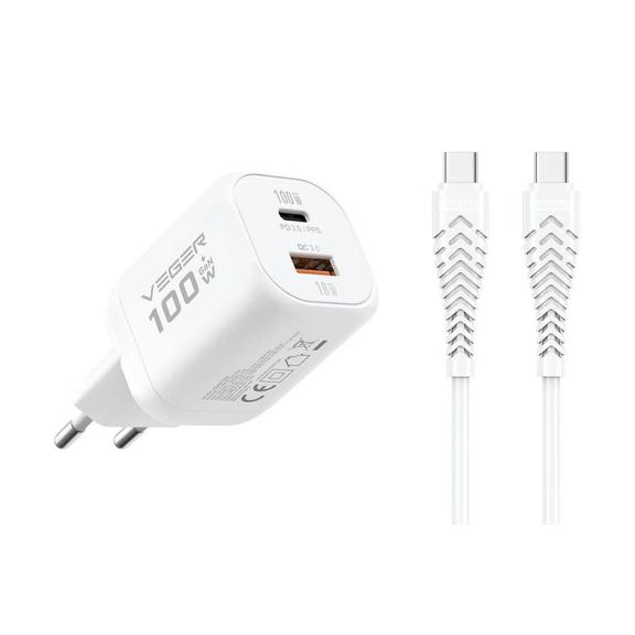 Ładowarka sieciowa do telefonu VEGER USB A + Typ C PD Super Charge PPS 100W + kabel Typ C do C 240W TR150 biała