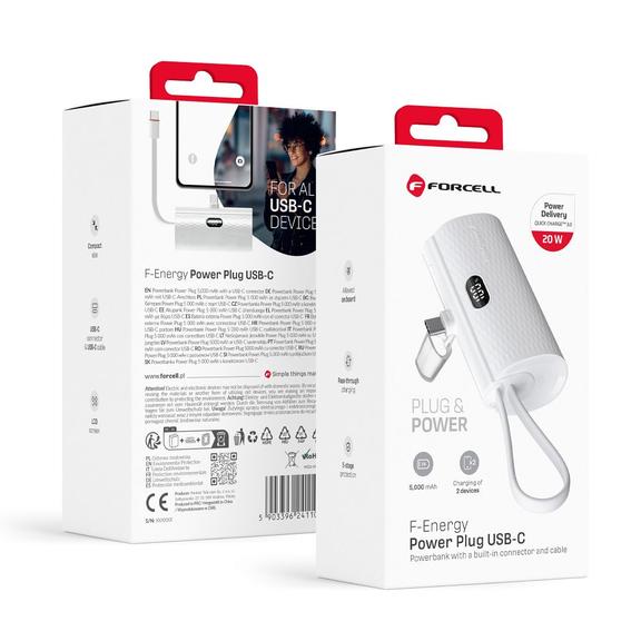 Powerbank Forcell F-Energy Power Plug F5K3 PD 20W 5000 mAh z wbudowanym złączem USB C biały