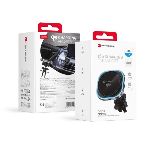 Uchwyt na telefon do samochodu indukcyjny zgodny z MagSafe Forcell F-Grip Air Mag F-07 Qi2 15W do kratki srebrny