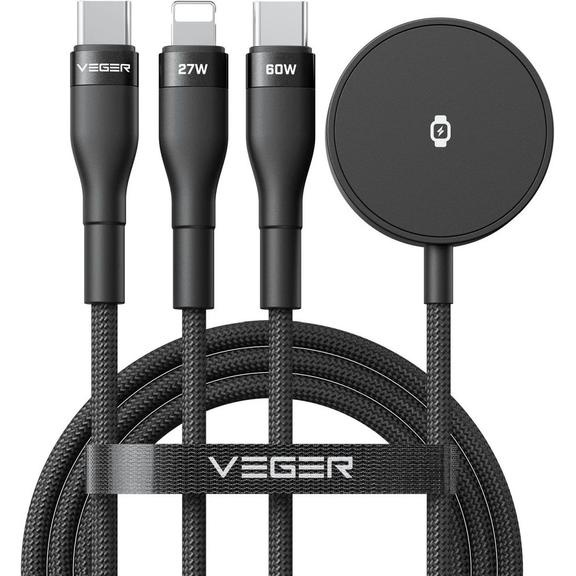Kabel 3w1 USB C do Lightning / Typ C / iWatch/SAM Watch VEGER 3A 92W V730 1,5 m czarny