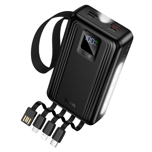 Powerbank 20000 mAh QC PD 22,5W z wbudowanymi kablami USB A + USB C + Lightning + Micro USB oraz dwoma latarkami Hoco J173 czarny