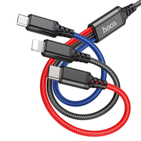 Kabel 3w1 USB A do Lightning / Micro USB / USB C Hoco 2A 1 m X76 czarny / czerwony / niebieski