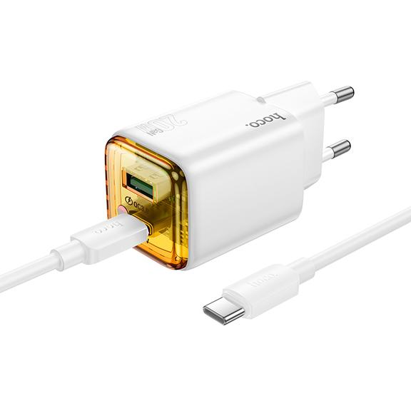 Ładowarka sieciowa do telefonu Hoco USB A + USB C QC3.0 PD 3A 20W + kabel USB C do USB C N52 biała