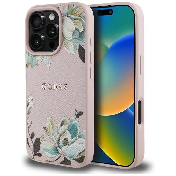 GUESS futerał do IPHONE 16 Pro Max kompatybilny z MagSafe GUHMP16XPGNMPLMP (PU Grained Flowers Classic Logo) różowy
