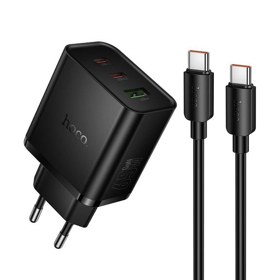Ładowarka sieciowa do telefonu Hoco 2x USB C + USB A QC3.0 PD 3A 65W + kabel USB C do USB C N75 czarna