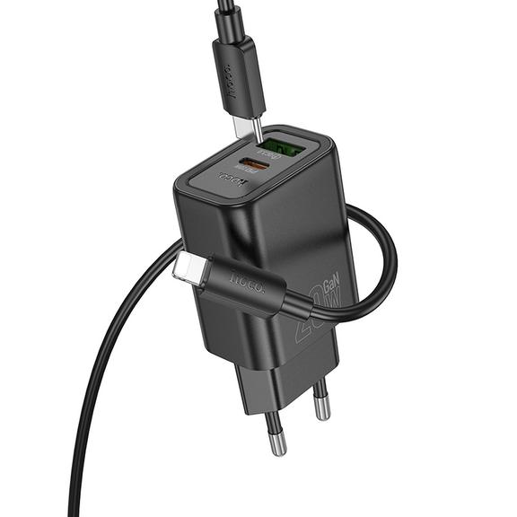 Ładowarka sieciowa do telefonu Hoco USB A + USB C QC3.0 PD 3A 20W + kabel USB C do Lightning N61 czarna