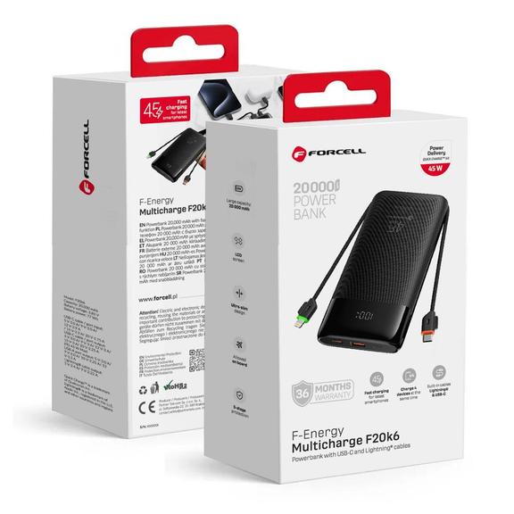 Powerbank Forcell F-Energy Multicharge F20K6 QC3.0 PD 3A 45W 20000 mAh z wbudowanymi kablami Typ C i Lightning czarny 0int