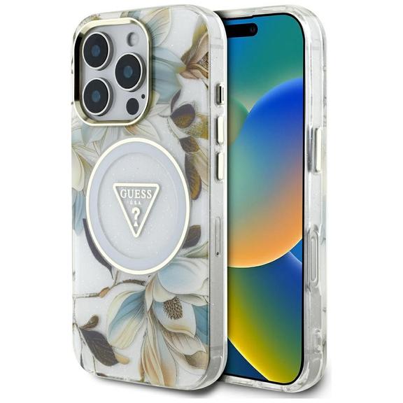 GUESS futerał do IPHONE 16 Pro Max kompatybyliny z MagSafe GUHMP16XHFLPEDH (IML Metal Glitter Flowers Triangle) biały