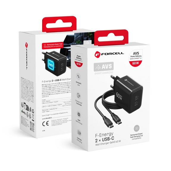 Ładowarka sieciowa do telefonu Forcell F-Energy GaN III Crystal Color 2x USB C AVS SSFC3.0 60W + kabel USB C do USB C VT-60 czarna 0INT