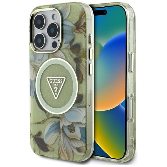 GUESS futerał do IPHONE 16 Pro Max kompatybyliny z MagSafe GUHMP16XHFLPEDN (IML Metal Glitter Flowers Triangle) zielony