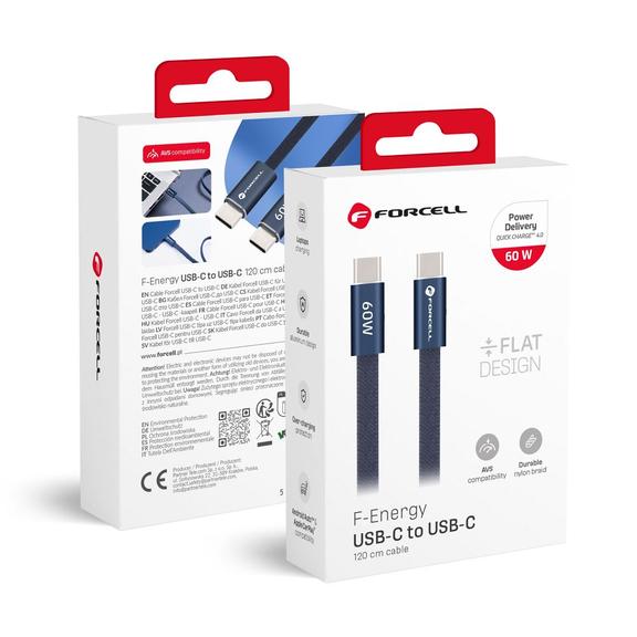 Kabel USB C do USB C Forcell F-Energy QC4.0 PD 3A 60W Cafule Flat 1,2 m CCFN23 granatowy