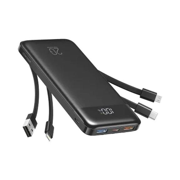 Powerbank PD3.0 3A 22,5W 20000 mAh z wbudowanymi kablami USB A / USB C / Lightning / Micro USB Charmast W2065 czarny