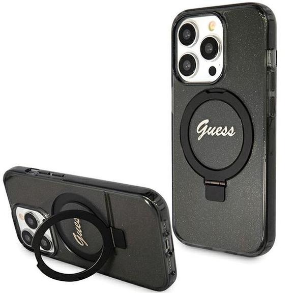 GUESS futerał do IPHONE 15 Pro Max kompatybilny z MagSafe GUHMP15XHRSGSK do iPhone 15 Pro Max (Kompatybilny z Magsafe / Glitter Script Logo / Ring stand / czarny)