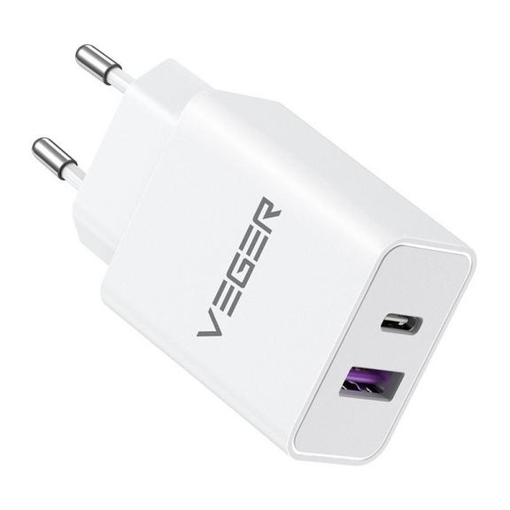Ładowarka sieciowa do telefonu VEGER USB A + Typ C PD QC3.0 3,25A 65W TCE650 biała