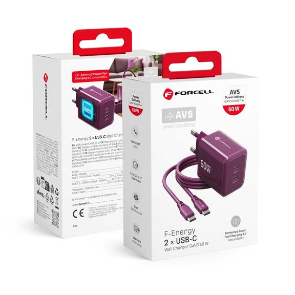 Ładowarka sieciowa do telefonu Forcell F-Energy GaN III Crystal Color 2x USB C AVS SSFC3.0 60W + kabel USB C do USB C VT-60 burgundowa 0INT