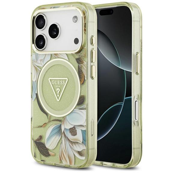 GUESS futerał do IPHONE 17 Pro kompatybilny z MagSafe GUHMP17LHFLPEDN (IML Metal Glitter Flowers Triangle) zielony