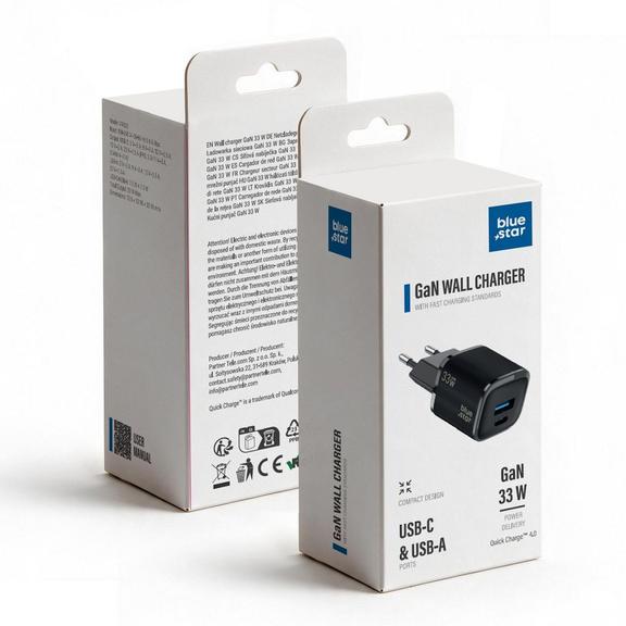 Ładowarka sieciowa do telefonu Blue Star Nano GaN USB C + USB A QC4.0 PD 3A 33W VT-332 czarna