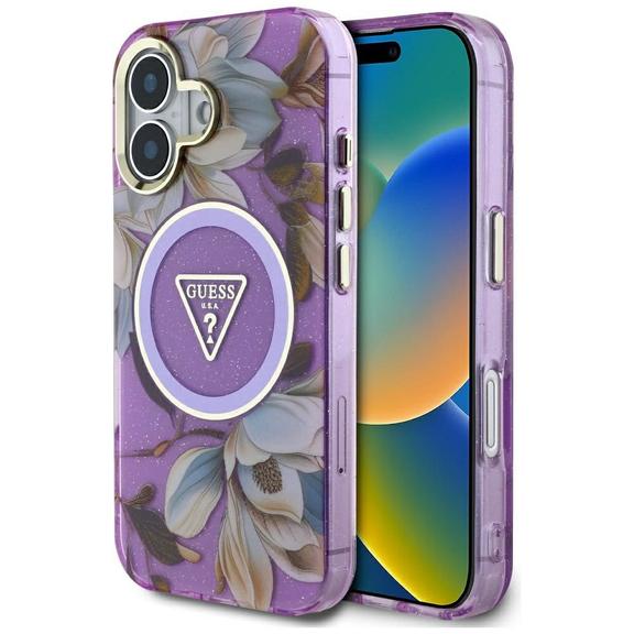 GUESS futerał do IPHONE 16 kompatybyliny z MagSafe GUHMP16SHFLPEDU (IML Metal Glitter Flowers Triangle) fioletowy