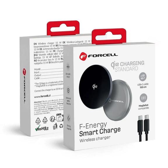 Ładowarka indukcyjna Forcell F-Energy Smart Charge USB C Qi2 15W zgodna z MagSafe z odpinanym kablem 1,5 m srebrna
