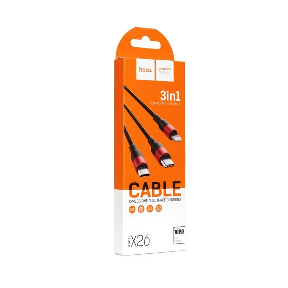 Kabel 3w1 USB A do Lightning / Micro USB / USB C Hoco 2A 1 m X26 czarno czerwony