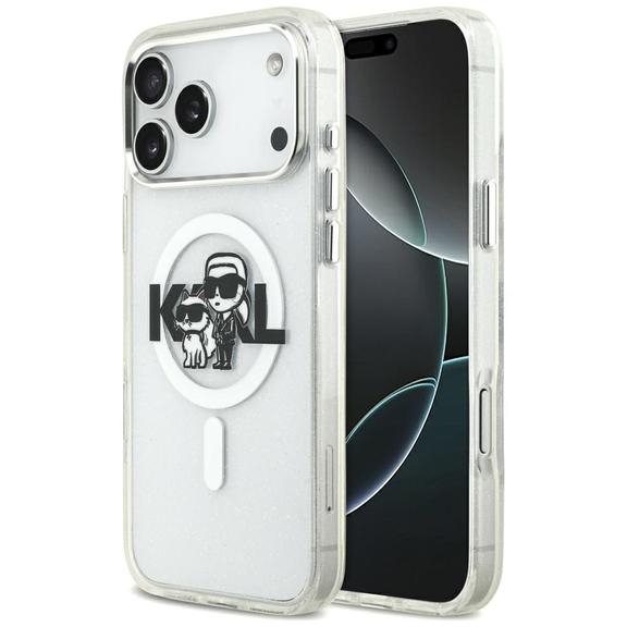 KARL LAGERFELD futerał do IPHONE 17 Pro Max kompatybilny z MagSafe KLHMP17XHGKCGKBT (IML Glitter K&C Sketch Logo) transparentny