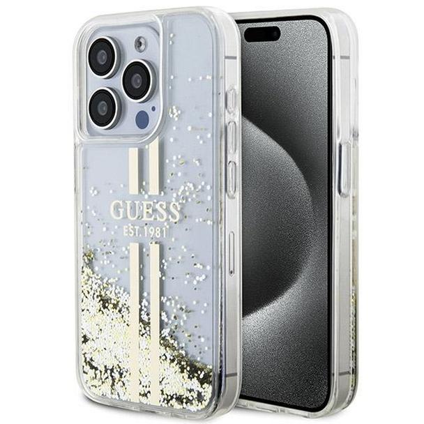 GUESS futerał do IPHONE 15 Pro Max GUHCP15XLFCSEGT (Liquid Glitter Gold Stripes) transparentny