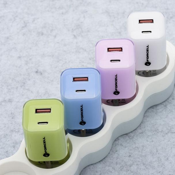 Ładowarka sieciowa do telefonu Forcell F-Energy GaN III Crystal Color USB C + USB A QC4.0 PD 33W + kabel USB C do USB C VT-41 niebieska 0INT