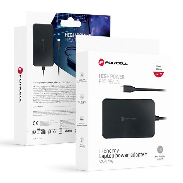 Uniwersalny zasilacz do laptopa 140W Forcell F-Energy USB C E856 czarny