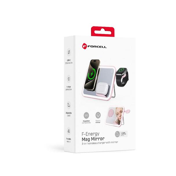 Forcell F-ENERGY Mag Mirror 3 in 1 15W ładowarka indukcyjna z kompatybilna z MagSafe / Apple Watch / Samsung Watch / Airpods różowa