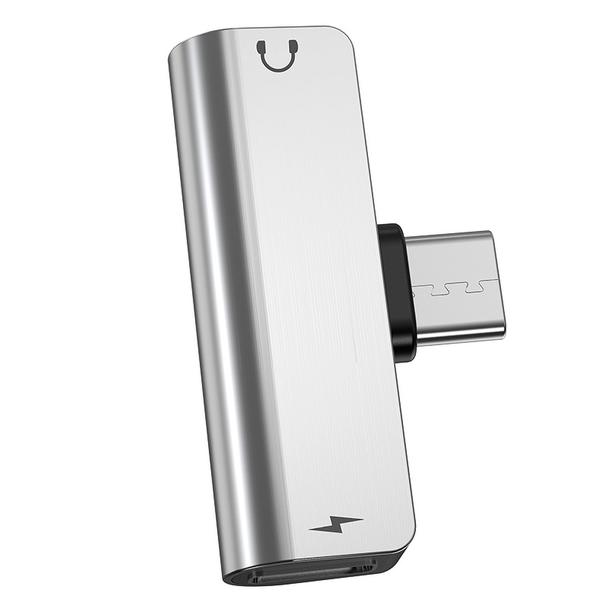 Adapter AUX 2w1 USB C do Jack 3,5 mm / USB C Hoco LS26 srebrny
