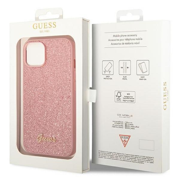 GUESS futerał do IPHONE 14 Plus GUHCP14MHGGSHP (Glitter Flakes Script Metal Logo) różowy