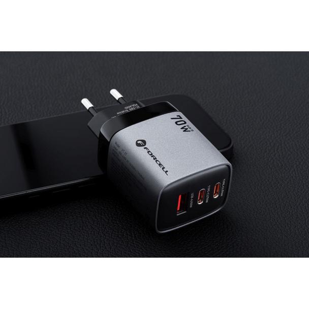 Ładowarka sieciowa do telefonu Forcell F-Energy GaN III 2 x USB C + USB A QC4.0 3,45A PD 70W SAM SFC2.0 z wyświetlaczem LCD VT-37 szara