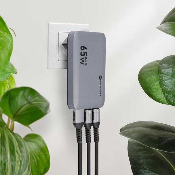 Ładowarka sieciowa do telefonu Forcell F-Energy Ultra Slim GaN III 2 x USB C + USB A QC4.0 PD 4A 65W VT-47 szara 0INT