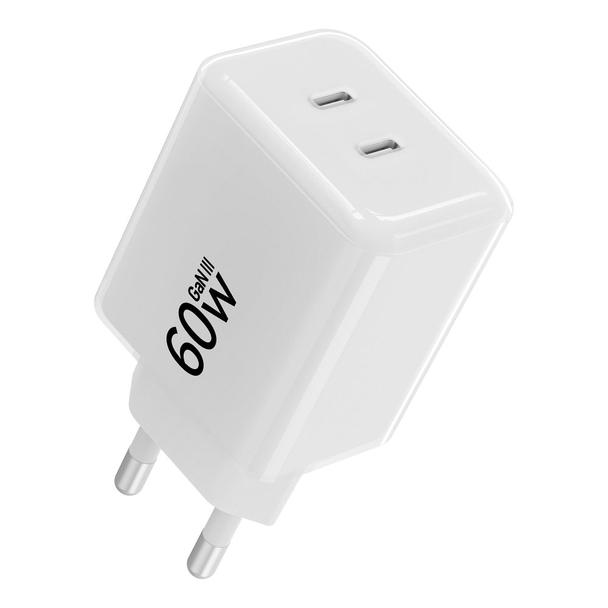 Ładowarka sieciowa do telefonu Forcell F-Energy GaN III Crystal Color 2x USB C AVS SSFC3.0 60W + kabel USB C do USB C VT-60 biała 0INT