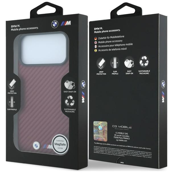 BMW futerał do IPHONE 18 Pro/17 Pro kompatybilny z MagSafe (Carbon Metal Logo) burgundowy