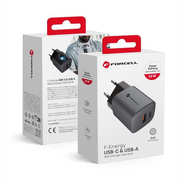 Ładowarka sieciowa do telefonu Forcell F-Energy GaN USB C + USB A QC4.0 PD 3A 33W VT-31 szara