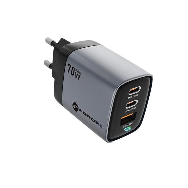 Ładowarka sieciowa do telefonu Forcell F-Energy GaN III 2 x USB C + USB A QC4.0 3,45A PD 70W SAM SFC2.0 z wyświetlaczem LCD VT-37 szara