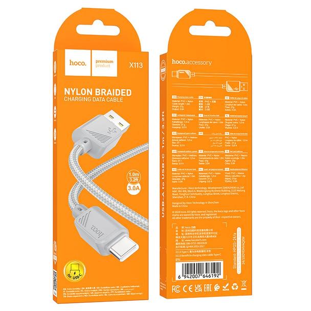 Kabel USB A do USB C Hoco 3A 1 m X113 szary