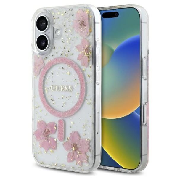 GUESS futerał do IPHONE 16 kompatybilny z MagSafe GUHMP16SRBFGFGMP (Resin Flowers and Glitter) pink
