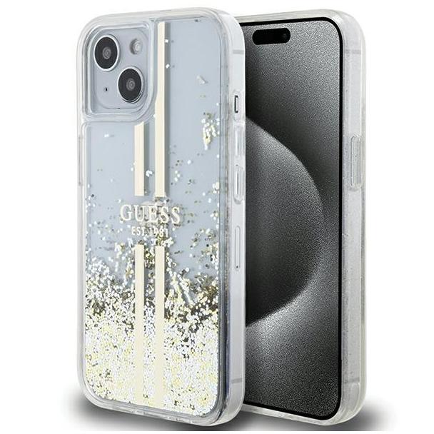 GUESS futerał do IPHONE 15 GUHCP15SLFCSEGT (Liquid Glitter Gold Stripes) transparentny