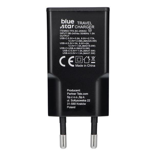 Ładowarka sieciowa do telefonu Blue Star Slim GaN USB C + USB A QC4.0 PD 3A 25W TFK-SC-25WAC czarna