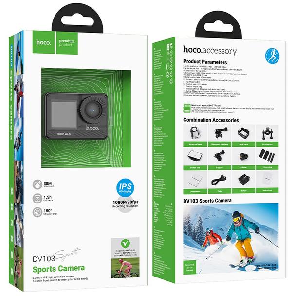 Kamera sportowa Hoco z dwoma wyświetlaczami 1,3" + 2" 1080P/30fps DV103 czarna