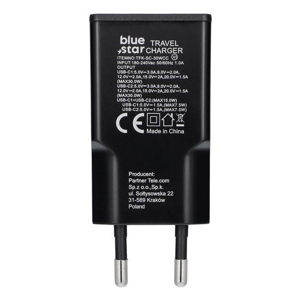 Ładowarka sieciowa do telefonu Blue Star Slim GaN 2 x USB C QC4.0 PD 3A 30W TFK-SC-30WCC czarna
