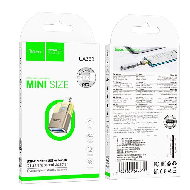 Adapter OTG USB C do USB A Hoco UA36B złoty