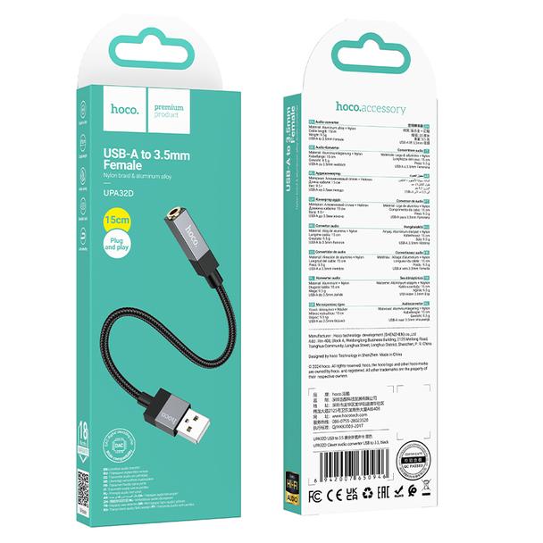 Adapter AUX USB A (męski) do Jack 3,5 mm (żeński) Hoco UPA32D czarny