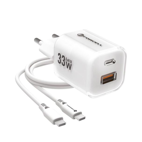 Ładowarka sieciowa do telefonu Forcell F-Energy GaN III Crystal Color USB C + USB A QC4.0 PD 33W + kabel USB C do USB C VT-41 biała 0INT