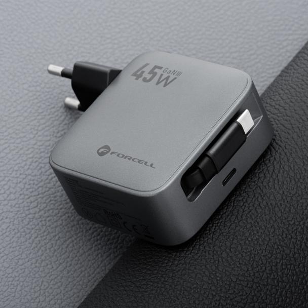 Ładowarka sieciowa do telefonu Forcell F-Energy GaN USB C + zwijany kabel USB C PD QC4.0 3A 45W VT-R5 szara