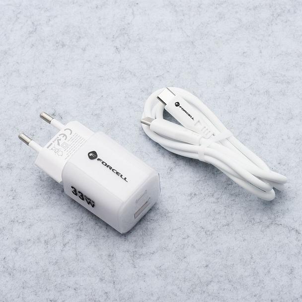 Ładowarka sieciowa do telefonu Forcell F-Energy GaN III Crystal Color USB C + USB A QC4.0 PD 33W + kabel USB C do USB C VT-41 biała 0INT